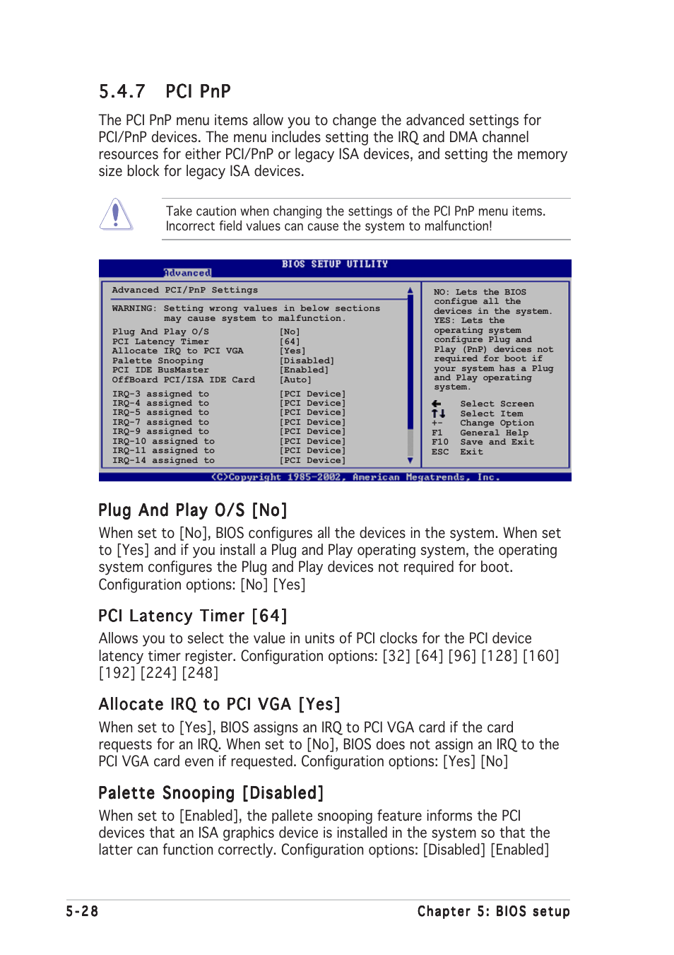 7 pci pnp pci pnp pci pnp pci pnp pci pnp, Plug and play o/s [no, Pci latency timer [64 | Allocate irq to pci vga [yes, Palette snooping [disabled | Asus AP2400R-E2(AS8) User Manual | Page 106 / 128