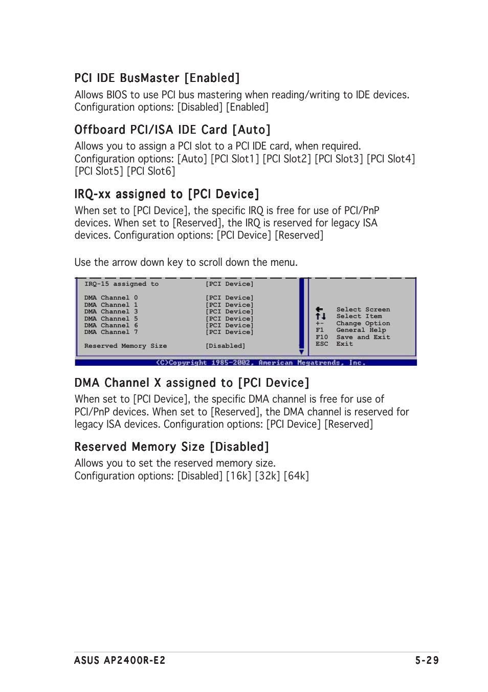 Pci ide busmaster [enabled, Offboard pci/isa ide card [auto, Irq-xx assigned to [pci device | Dma channel x assigned to [pci device | Asus AP2400R-E2(AS8) User Manual | Page 107 / 128