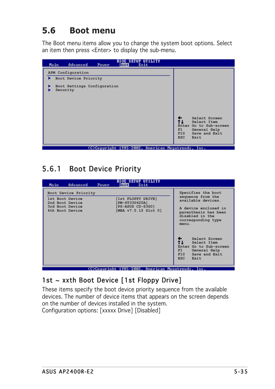 6 boot menu, 1st ~ xxth boot device [1st floppy drive | Asus AP2400R-E2(AS8) User Manual | Page 113 / 128