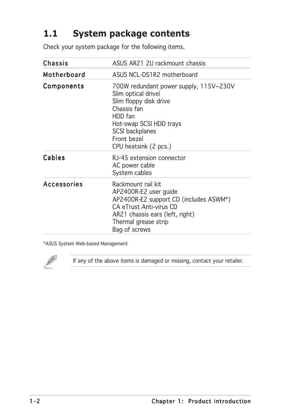 1 system package contents | Asus AP2400R-E2(AS8) User Manual | Page 12 / 128