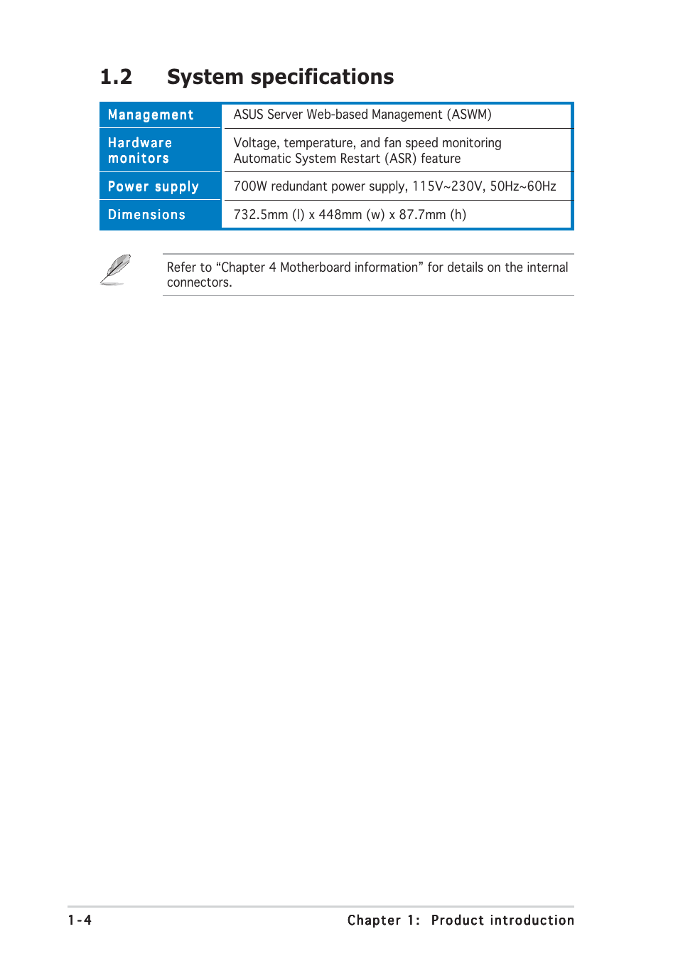 2 system specifications | Asus AP2400R-E2(AS8) User Manual | Page 14 / 128