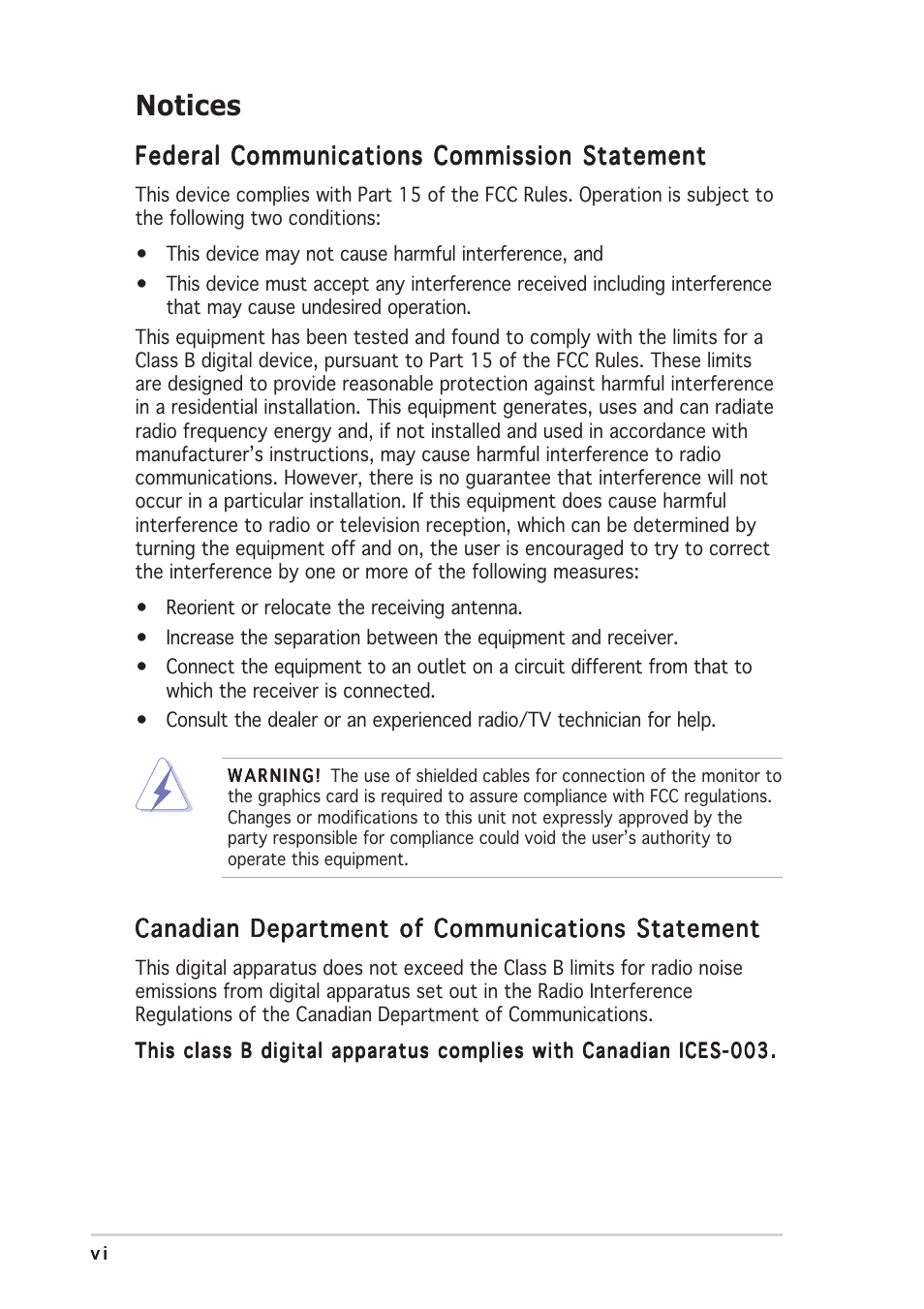 Notices, Federal communications commission statement, Canadian department of communications statement | Asus AP2400R-E2(AS8) User Manual | Page 6 / 128