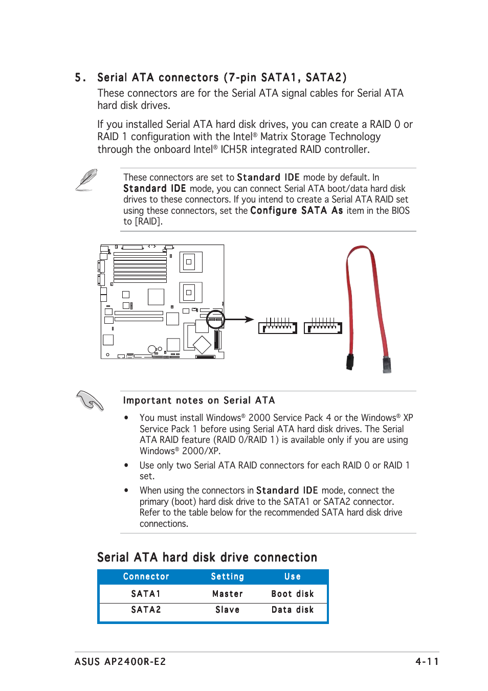 Serial ata hard disk drive connection, Ich5r integrated raid controller | Asus AP2400R-E2(AS8) User Manual | Page 73 / 128