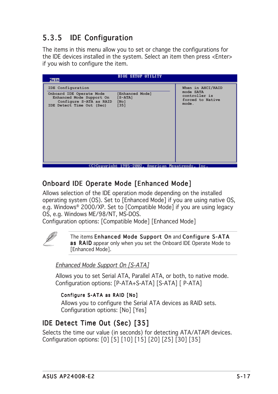 Onboard ide operate mode [enhanced mode, Ide detect time out (sec) [35 | Asus AP2400R-E2(AS8) User Manual | Page 95 / 128