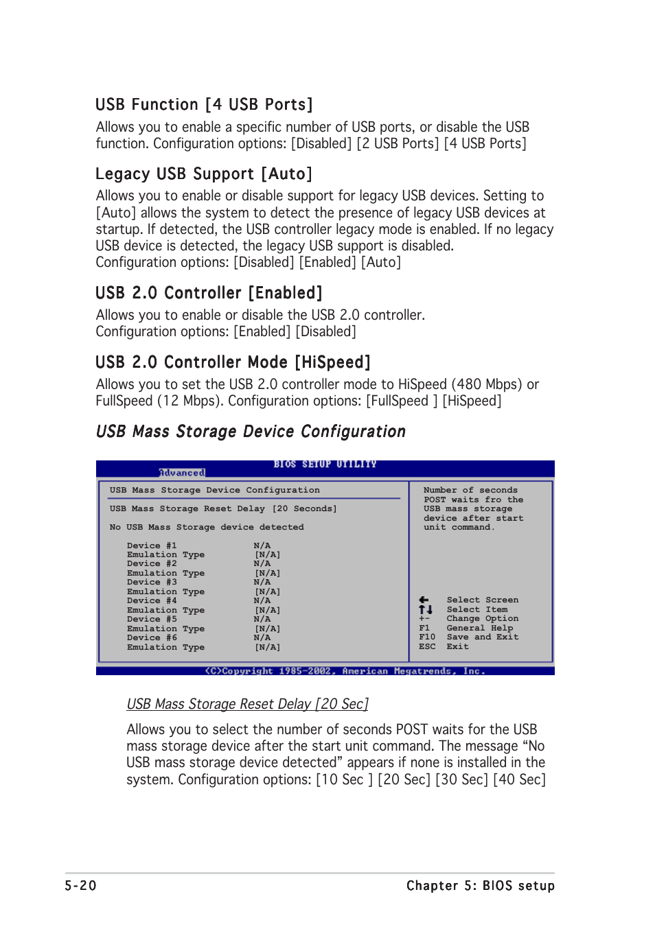 Usb function [4 usb ports, Legacy usb support [auto, Usb 2.0 controller [enabled | Usb 2.0 controller mode [hispeed, Usb mass storage device configuration | Asus AP2400R-E2(AS8) User Manual | Page 98 / 128