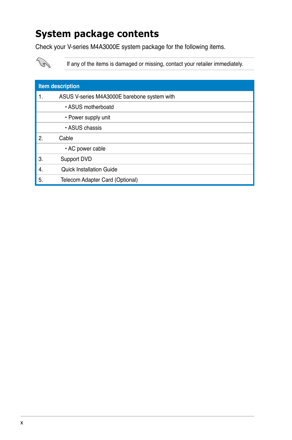 System package contents | Asus V7-M4A3000E User Manual | Page 10 / 85