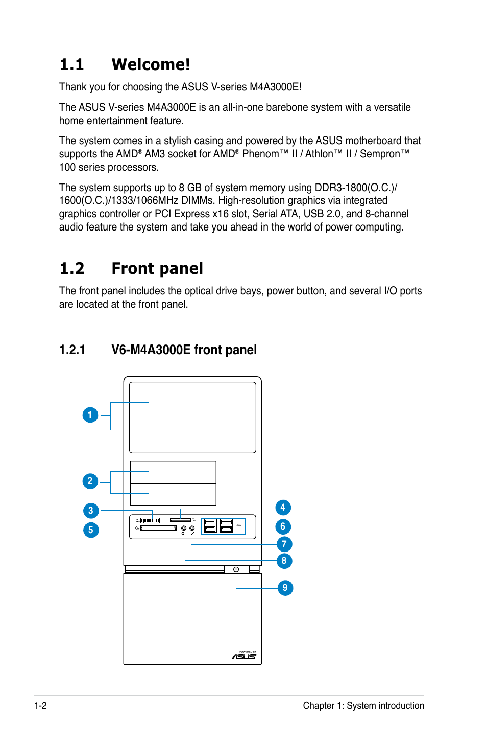 1 welcome, 2 front panel | Asus V7-M4A3000E User Manual | Page 12 / 85