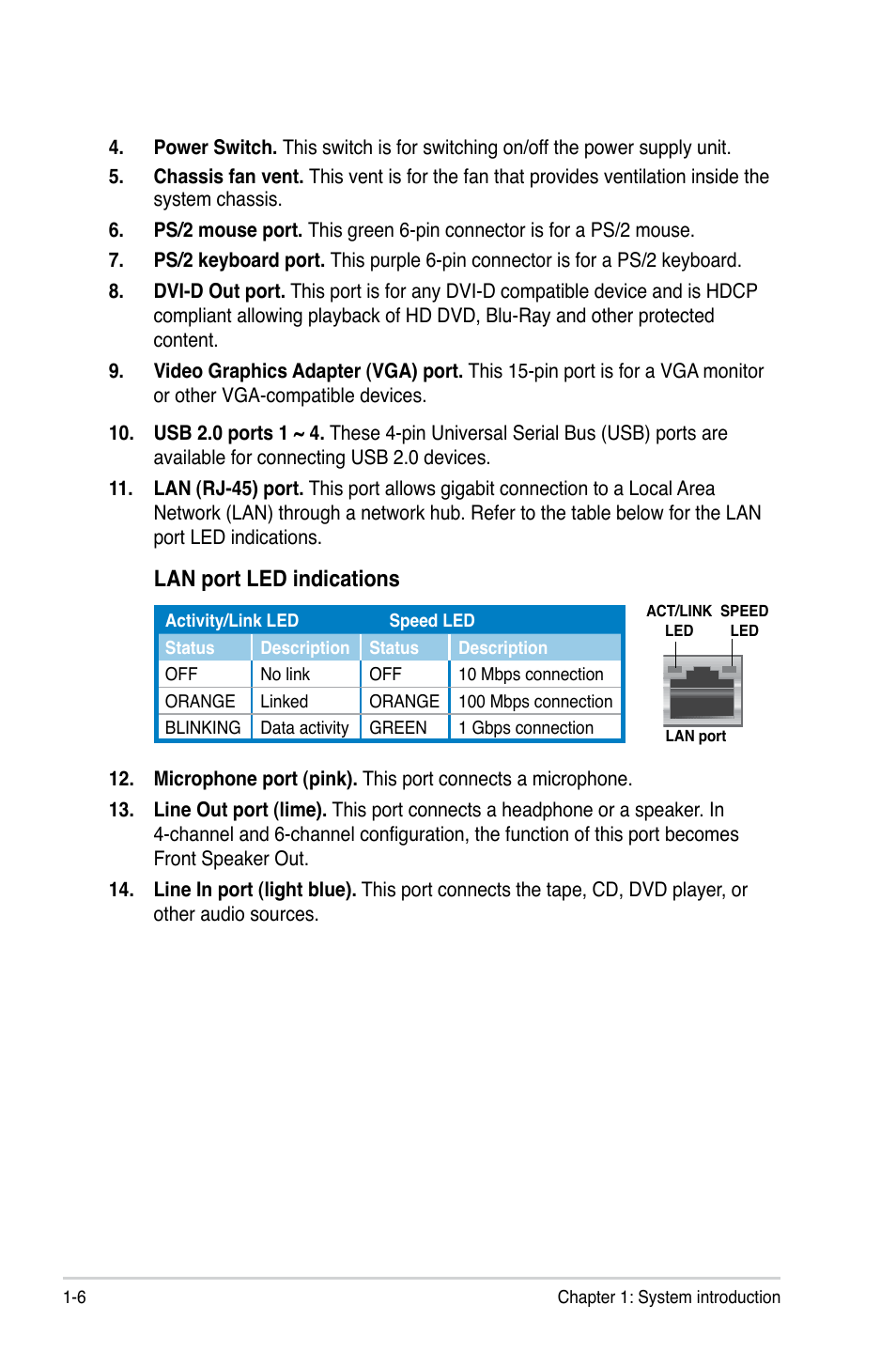 Lan port led indications | Asus V7-M4A3000E User Manual | Page 16 / 85