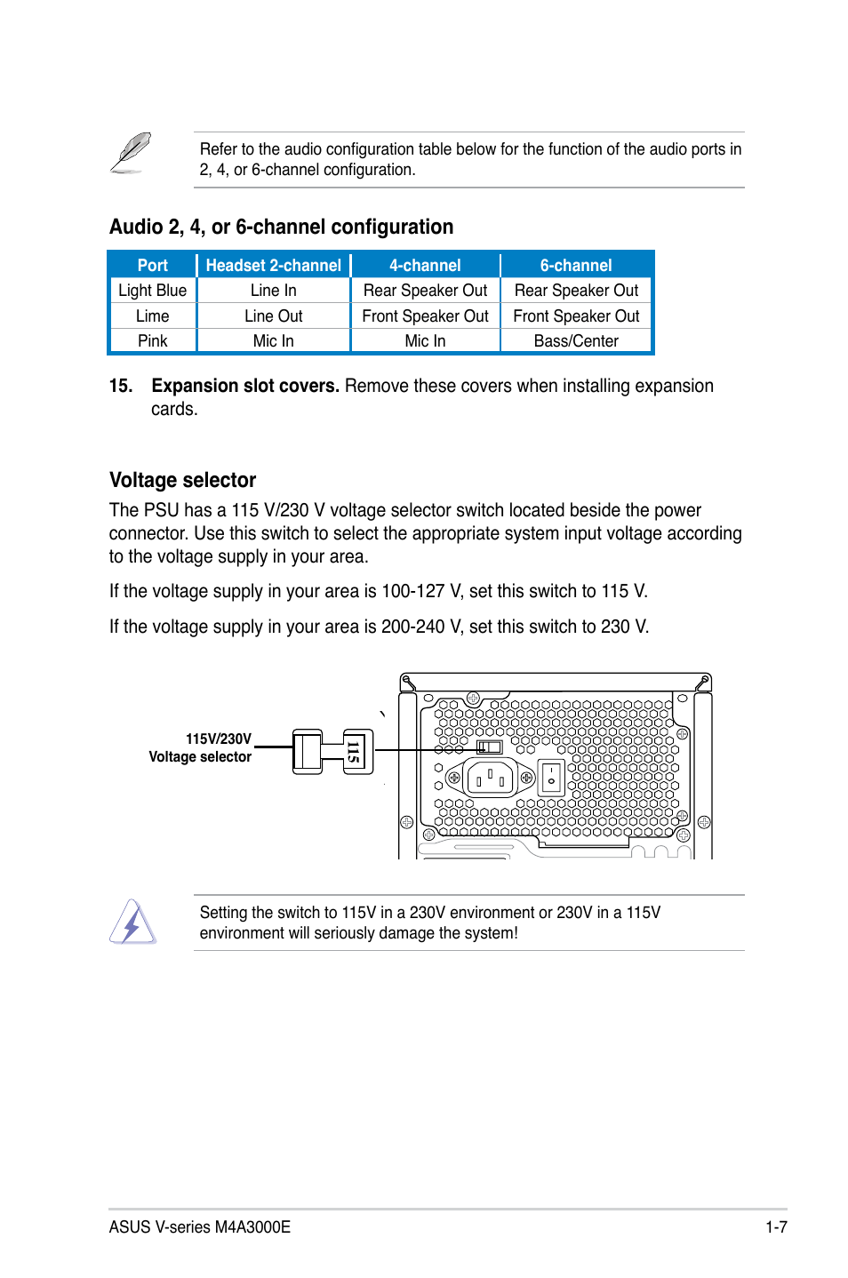 Voltage selector, Audio 2, 4, or 6-channel configuration | Asus V7-M4A3000E User Manual | Page 17 / 85