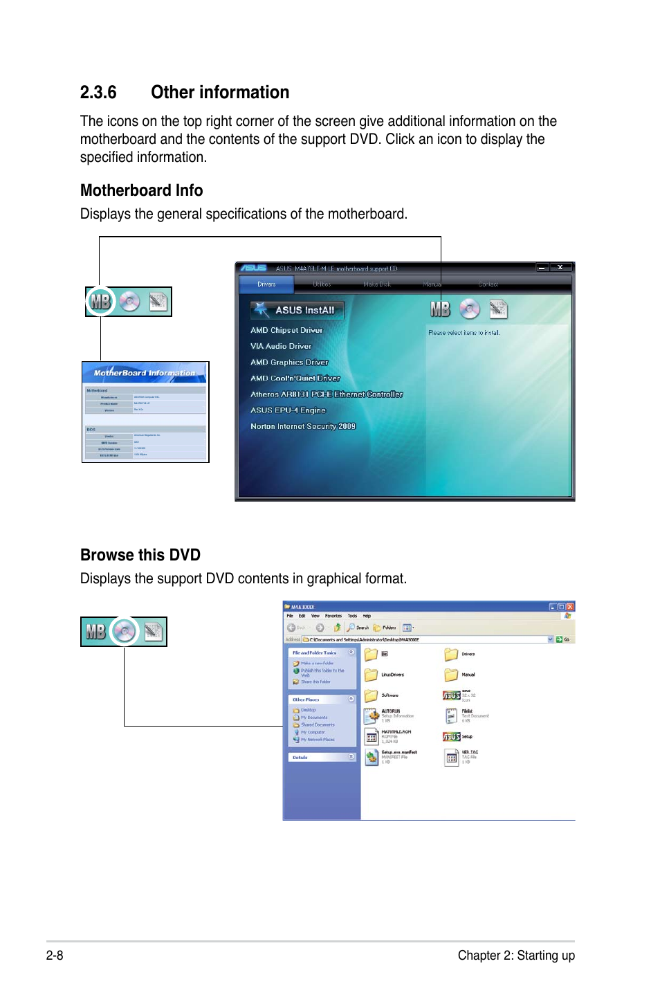 Other.information, Motherboard.info, Browse this dvd | 8 chapter 2: starting up | Asus V7-M4A3000E User Manual | Page 28 / 85