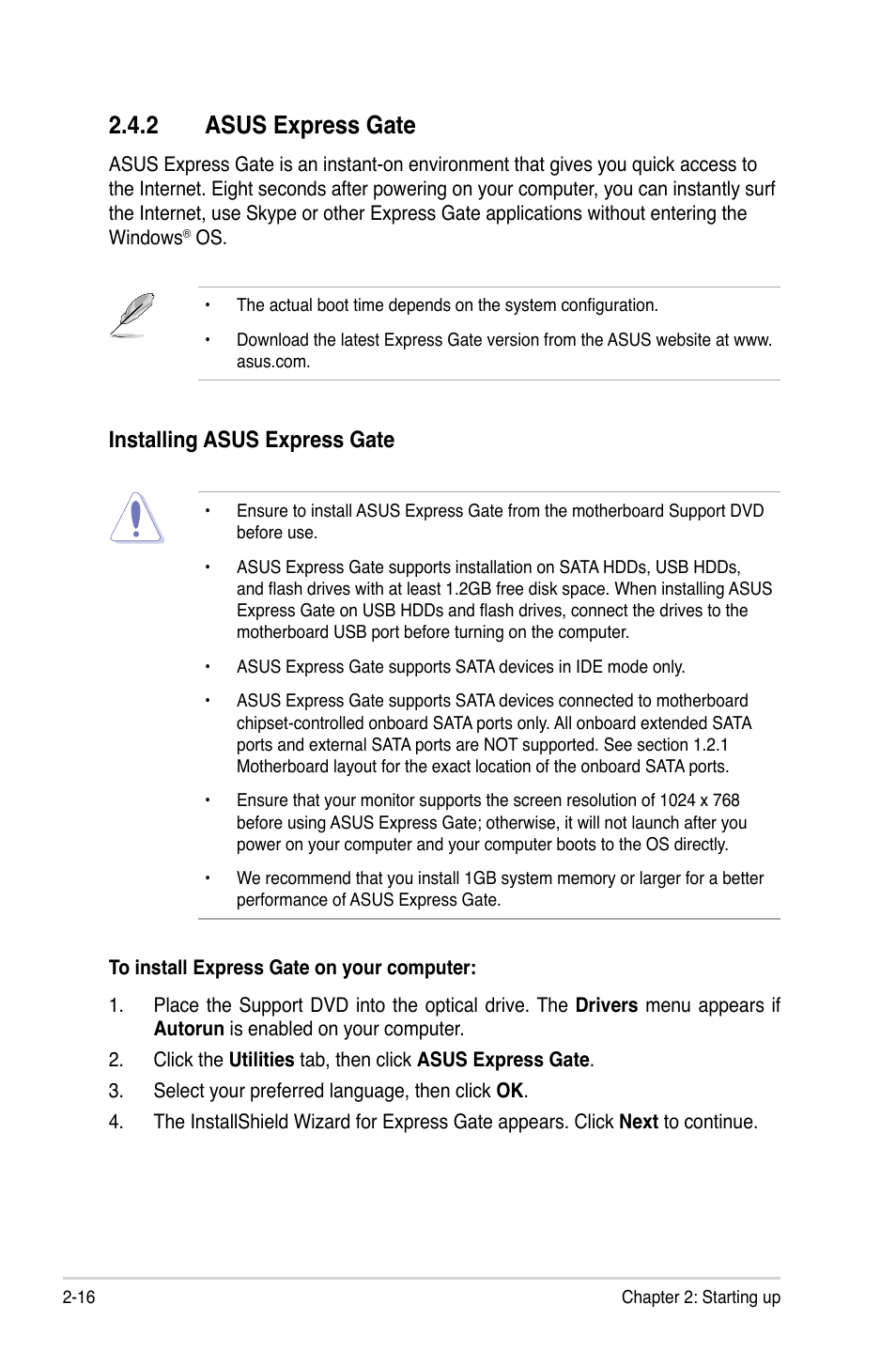 Asus.express.gate, Installing.asus.express.gate | Asus V7-M4A3000E User Manual | Page 36 / 85