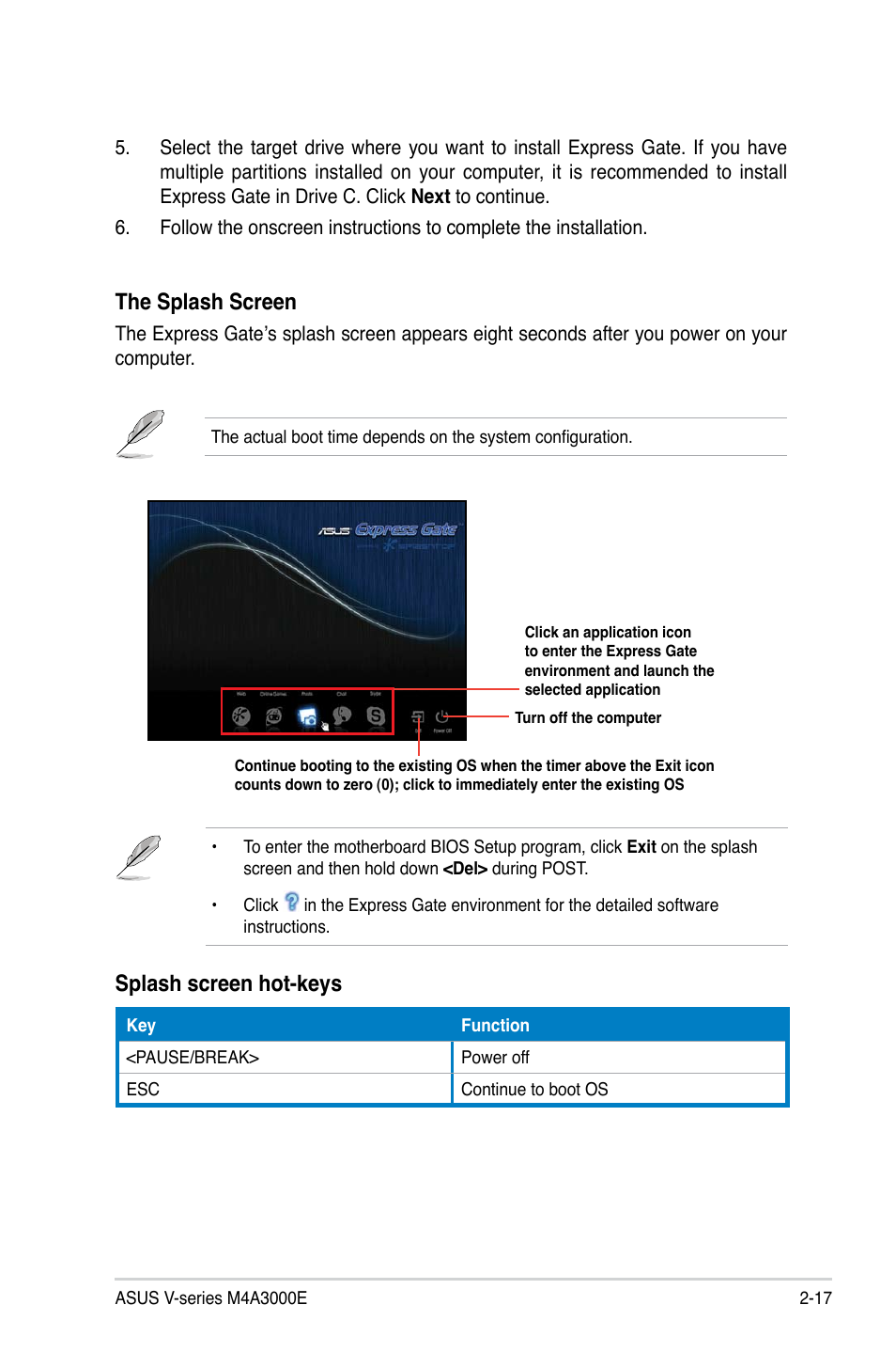 The.splash.screen, Splash.screen.hot-keys | Asus V7-M4A3000E User Manual | Page 37 / 85