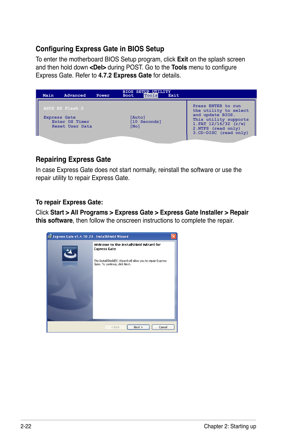 Configuring express gate in bios setup, Repairing.express.gate | Asus V7-M4A3000E User Manual | Page 42 / 85