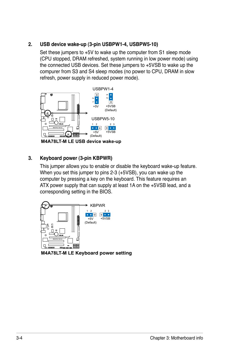 4 chapter 3: motherboard info, M4a78lt-m le usb device wake-up, M4a78lt-m le keyboard power setting | Asus V7-M4A3000E User Manual | Page 46 / 85