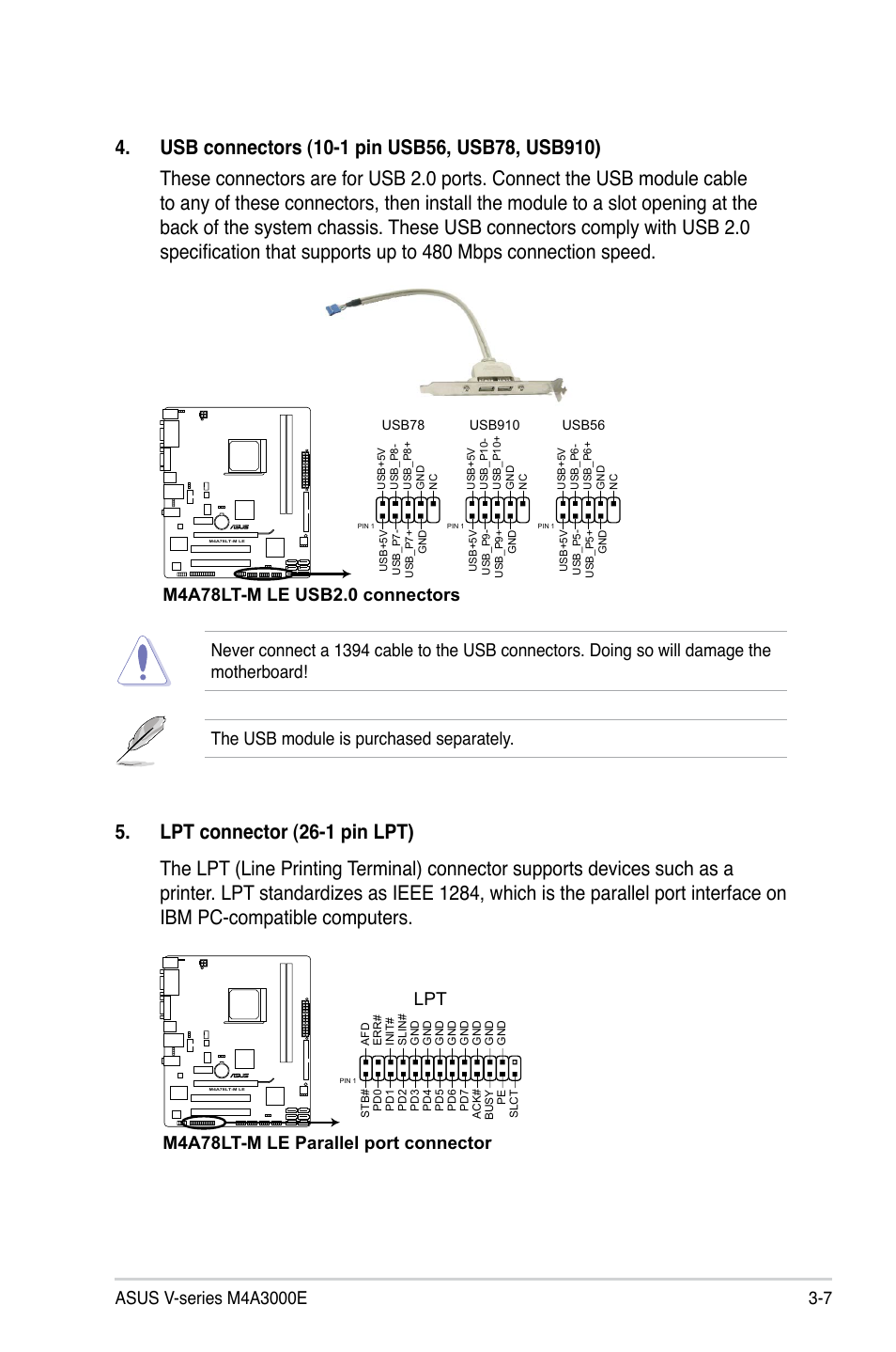 M4a78lt-m le parallel port connector | Asus V7-M4A3000E User Manual | Page 49 / 85