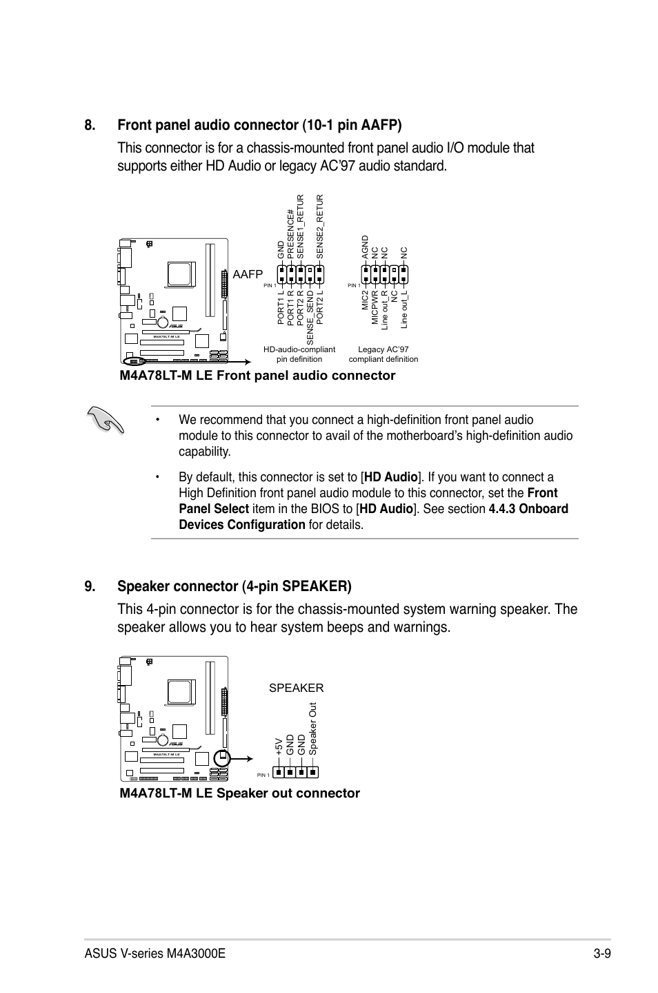 M4a78lt-m le front panel audio connector, M4a78lt-m le speaker out connector | Asus V7-M4A3000E User Manual | Page 51 / 85