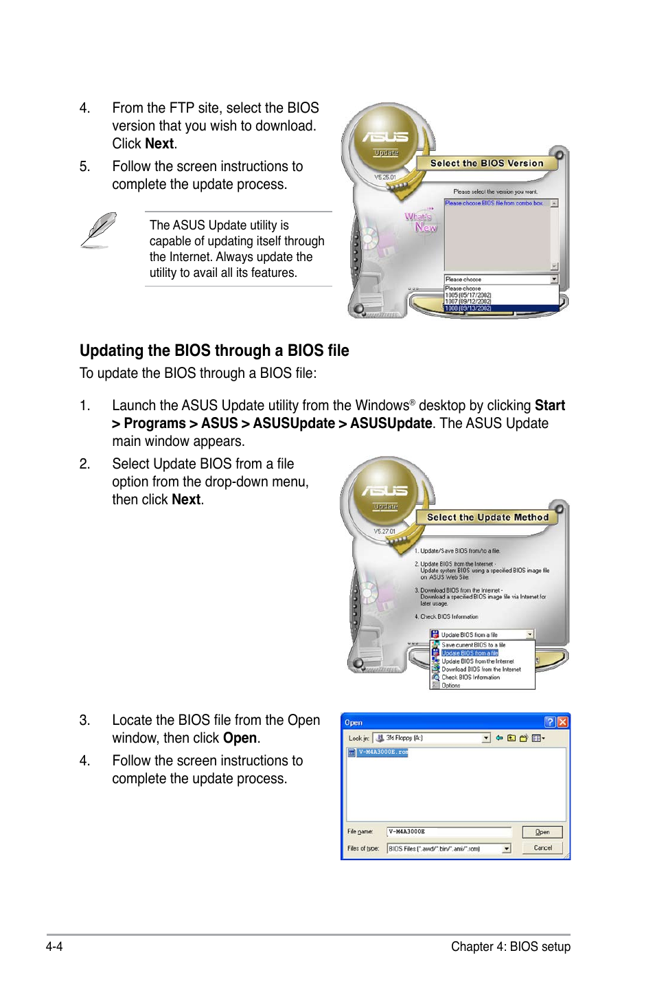 Updating the bios through a bios file | Asus V7-M4A3000E User Manual | Page 58 / 85