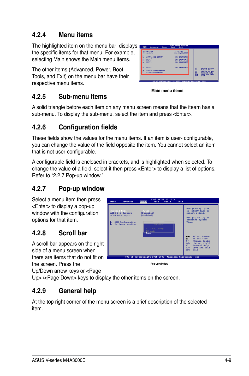 Menu.items, Sub-menu.items, 6 configuration fields | Pop-up.window, Scroll.bar, General.help | Asus V7-M4A3000E User Manual | Page 63 / 85