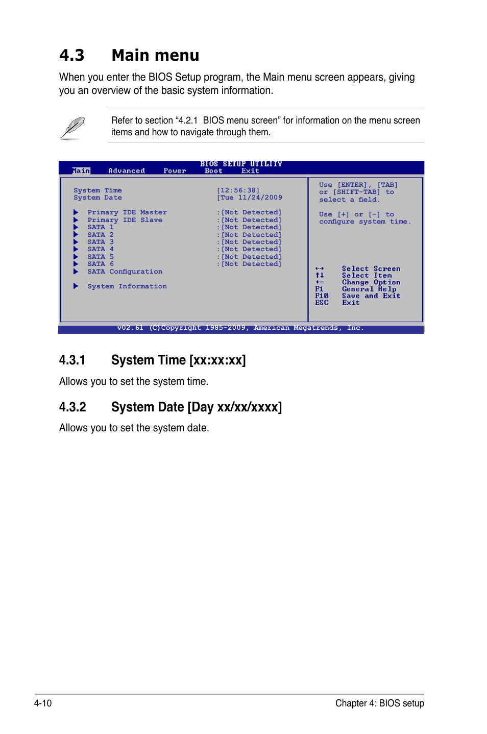 3 main menu, System.time.[xx:xx:xx, Allows you to set the system time | Allows you to set the system date | Asus V7-M4A3000E User Manual | Page 64 / 85