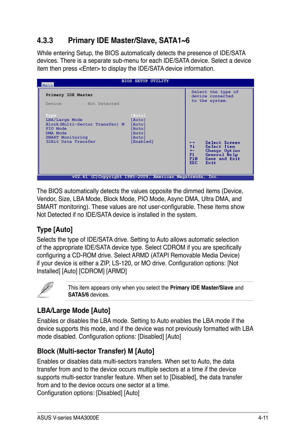 Primary.ide.master/slave,.sata1~6, Type.[auto, Lba/large mode [auto | Block (multi-sector transfer) m [auto | Asus V7-M4A3000E User Manual | Page 65 / 85