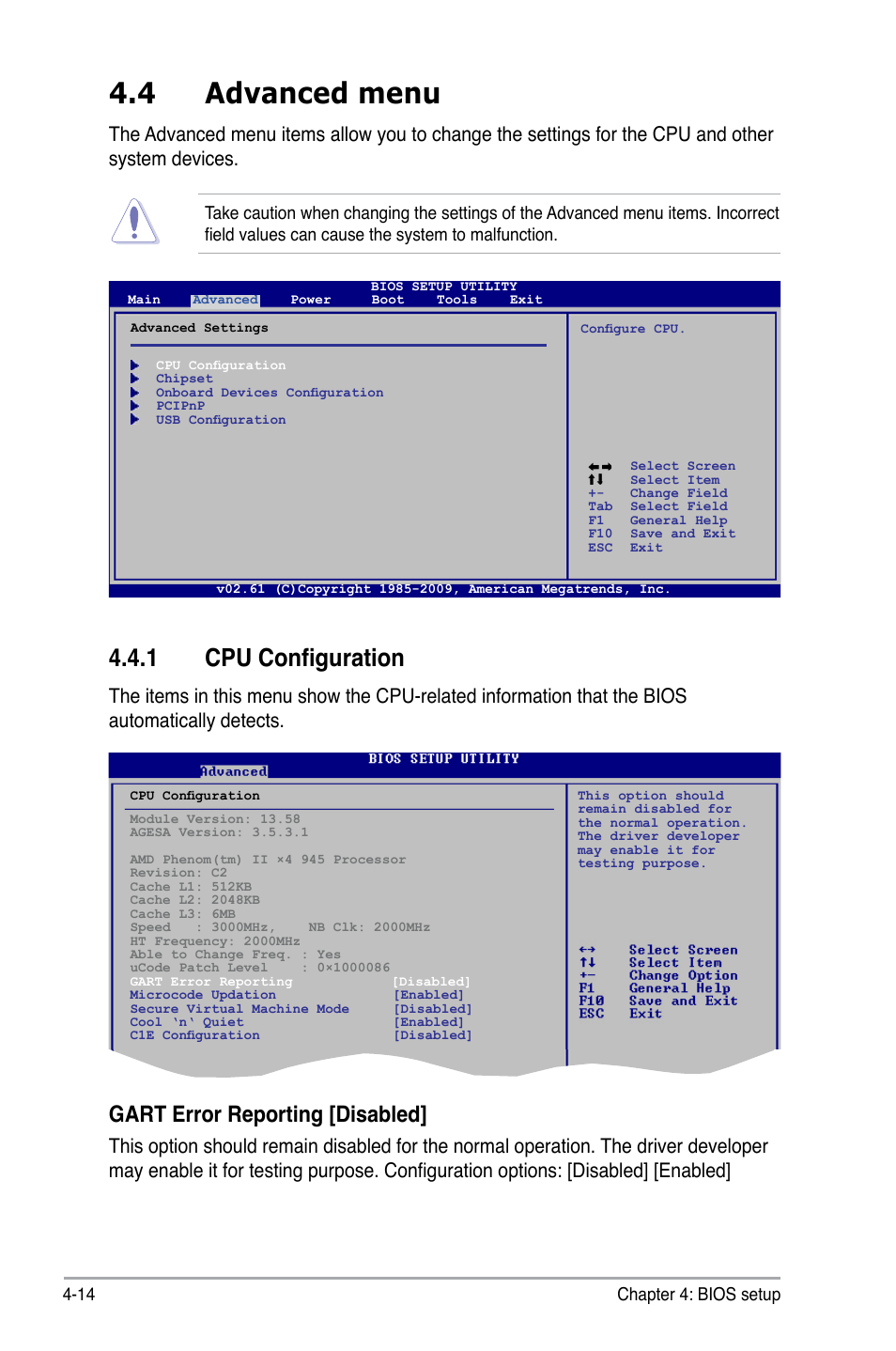 4 advanced menu, 1 cpu configuration, Gart.error.reporting.[disabled | Asus V7-M4A3000E User Manual | Page 68 / 85