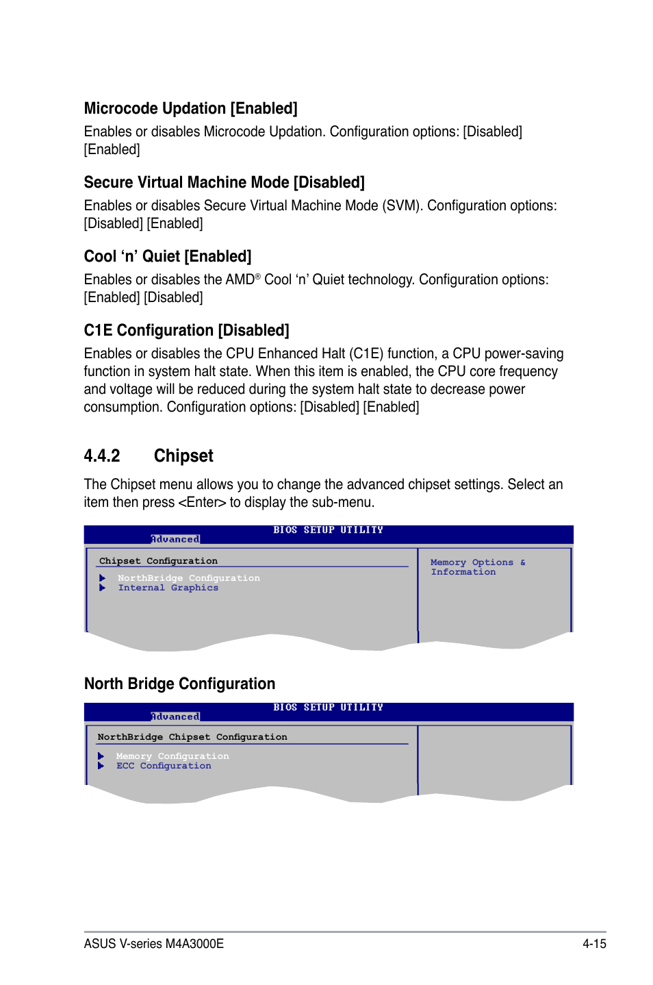 Chipset, Microcode.updation.[enabled, Secure virtual machine mode [disabled | Cool.‘n’.quiet.[enabled, C1e configuration [disabled, North bridge configuration | Asus V7-M4A3000E User Manual | Page 69 / 85