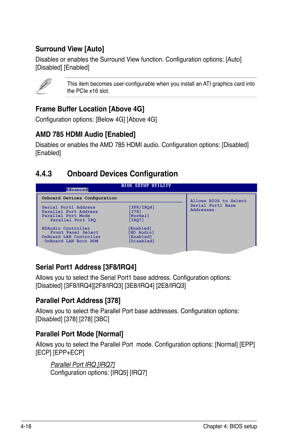 3 onboard devices configuration, Surround view [auto, Frame buffer location [above 4g | Amd.785.hdmi.audio.[enabled, Serial.port1.address.[3f8/irq4, Parallel.port.address.[378, Parallel.port.mode.[normal | Asus V7-M4A3000E User Manual | Page 72 / 85