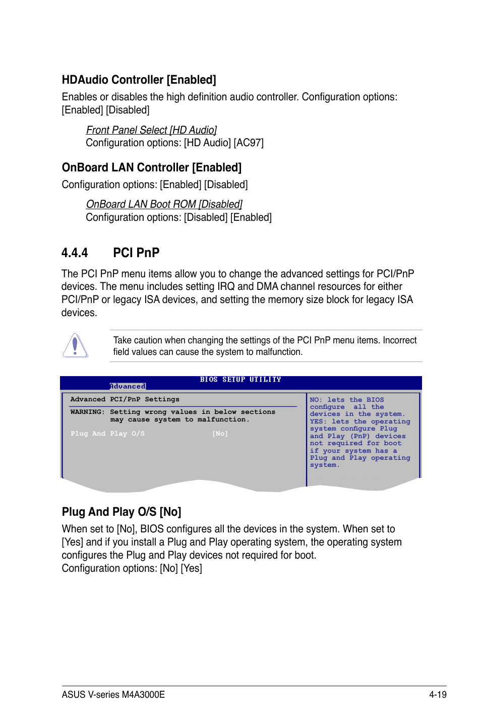 Pci.pnp, Hdaudio.controller.[enabled, Onboard lan controller [enabled | Plug.and.play.o/s.[no | Asus V7-M4A3000E User Manual | Page 73 / 85