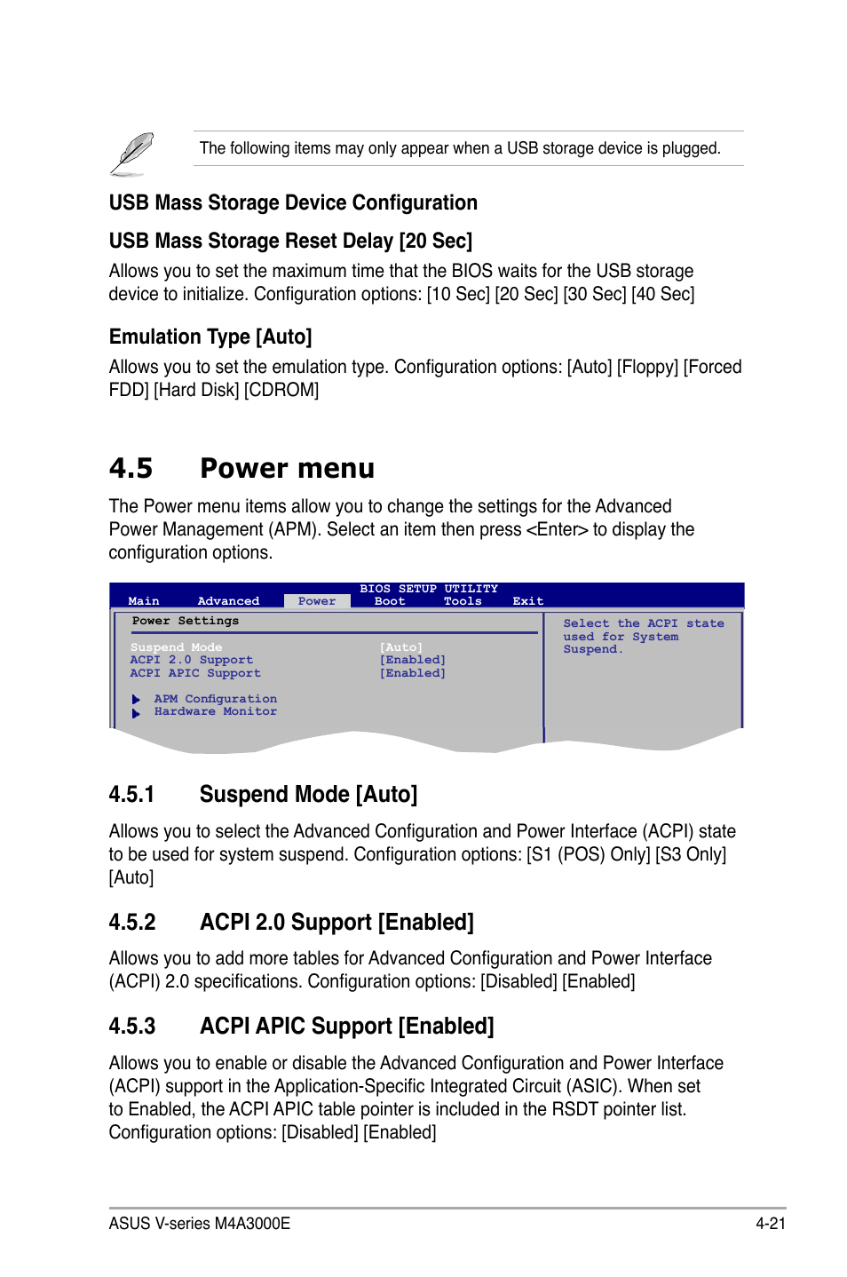 5 power menu, Suspend.mode.[auto, Acpi.2.0.support.[enabled | Acpi.apic.support.[enabled, Emulation.type.[auto | Asus V7-M4A3000E User Manual | Page 75 / 85