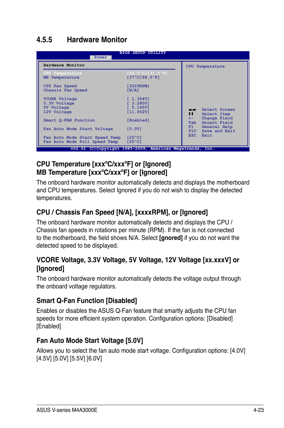 Hardware.monitor, Smart.q-fan.function.[disabled, Fan auto mode start voltage [5.0v | Asus V7-M4A3000E User Manual | Page 77 / 85