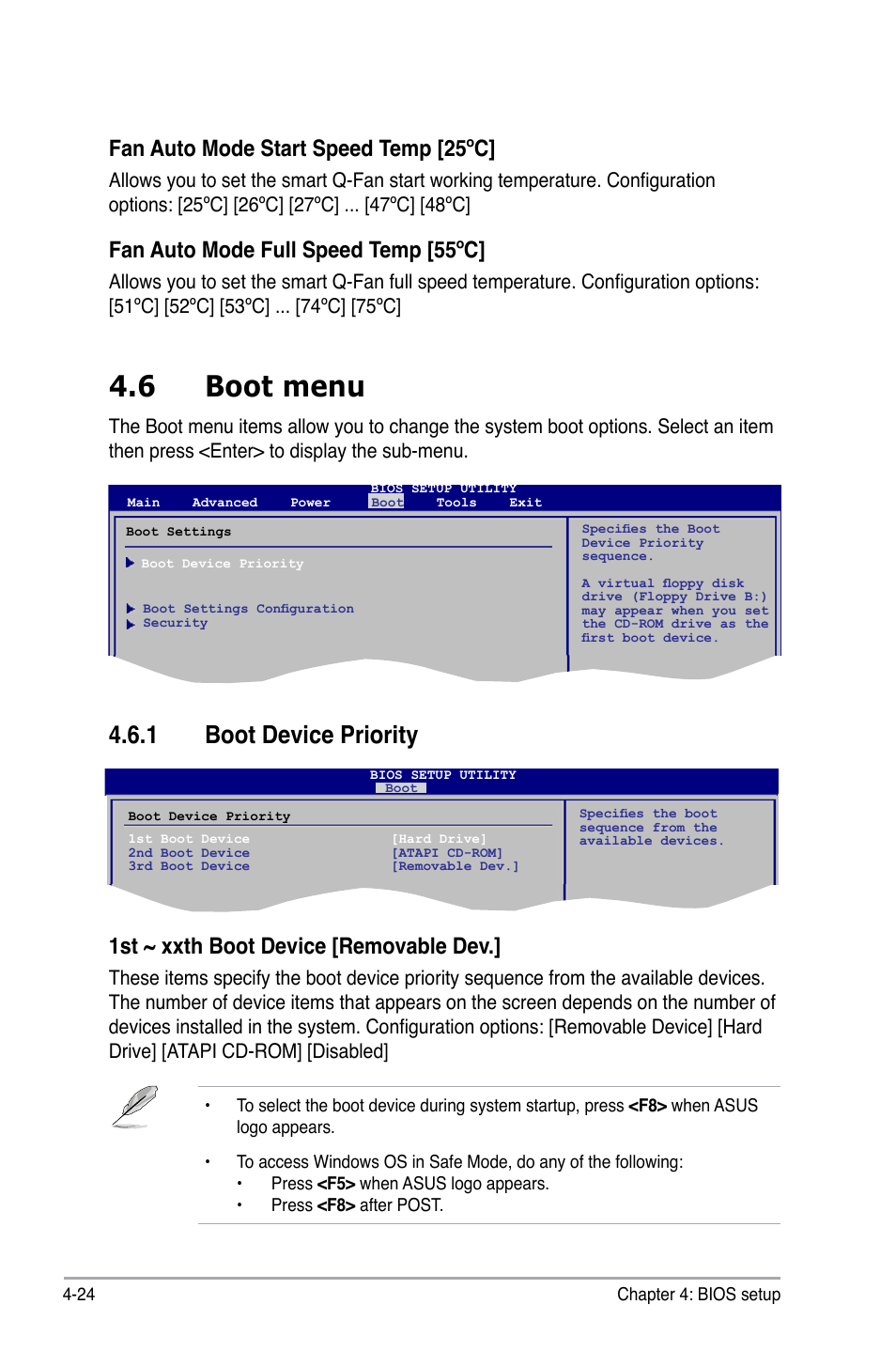 6 boot menu, Boot.device.priority, 1st.~.xxth.boot.device.[removable.dev | Fan.auto.mode.start.speed.temp.[25ºc, Fan.auto.mode.full.speed.temp.[55ºc | Asus V7-M4A3000E User Manual | Page 78 / 85