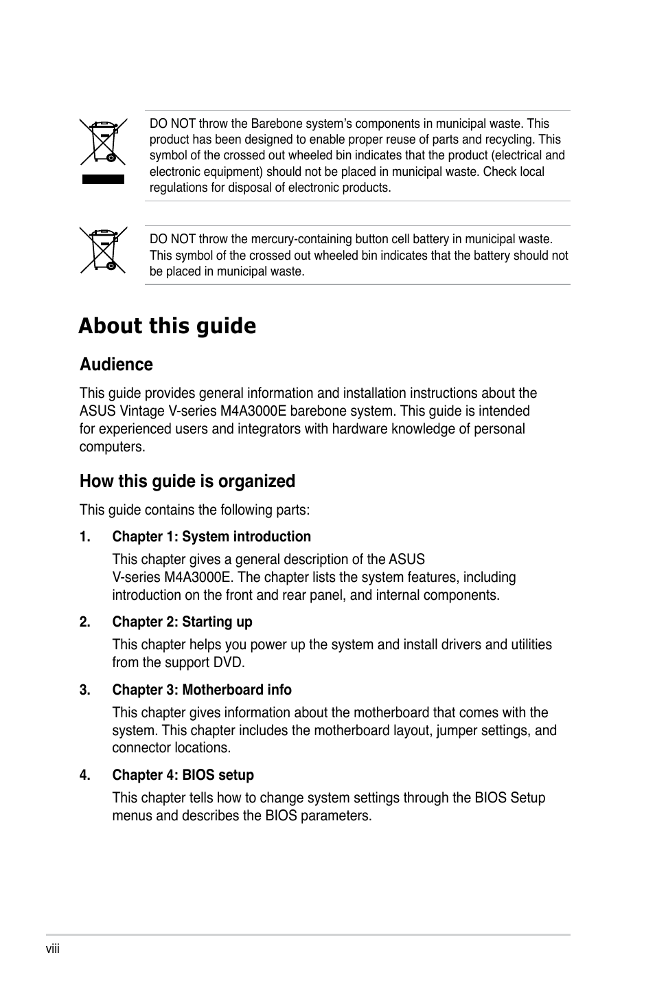 About this guide, Audience | Asus V7-M4A3000E User Manual | Page 8 / 85