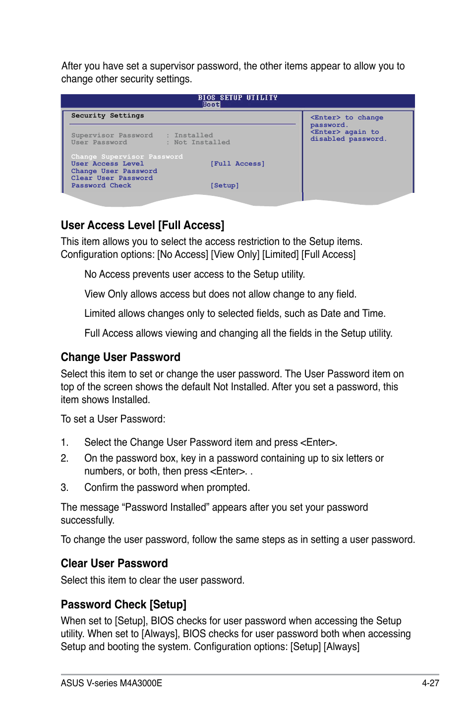 User access level [full access, Password.check.[setup | Asus V7-M4A3000E User Manual | Page 81 / 85