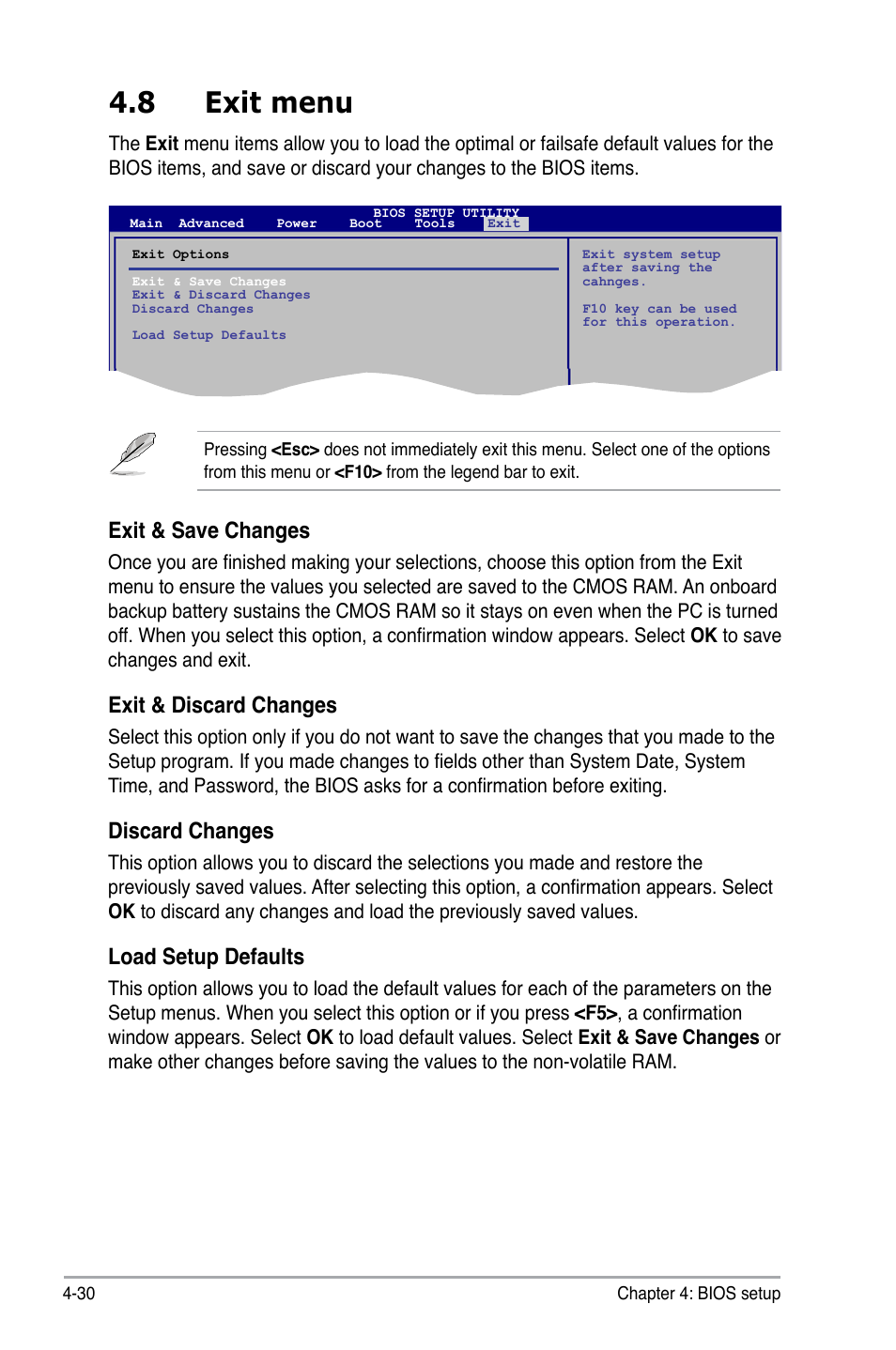 8 exit menu, Exit.&.save.changes, Exit.&.discard.changes | Discard.changes, Load setup defaults | Asus V7-M4A3000E User Manual | Page 84 / 85