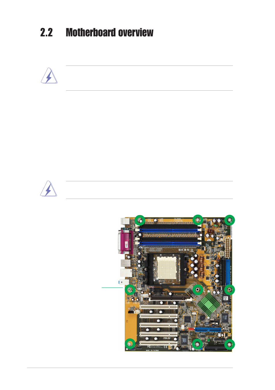 2 motherboard overview, 1 placement direction, 2 screw holes | Asus AW171 User Manual | Page 22 / 116