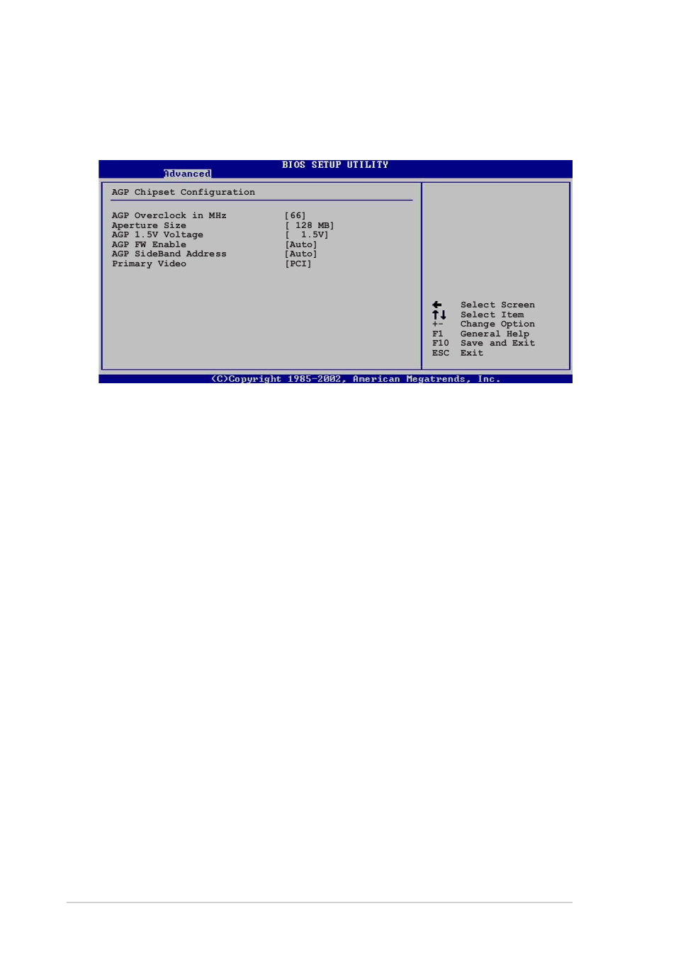 Agp configuration, Agp overclock in mhz [ 66, Aperture size [128 mb | Agp 1.5v voltage, Agp fw enable [auto, Agp sideband address [auto, 22 chapter 4: bios setup | Asus AW171 User Manual | Page 78 / 116