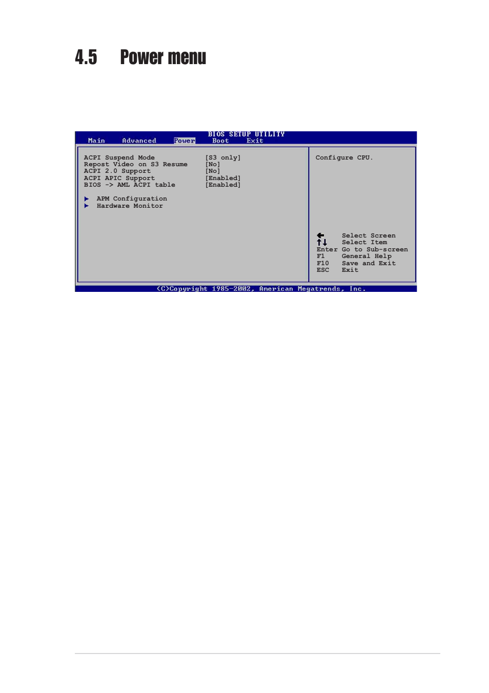 5 power menu, 1 acpi suspend mode [s3 only, 2 repost video on s3 resume [no | 3 acpi 2.0 support [no, 4 acpi apic support [enabled, 5 bios -> aml acpi table [enabled | Asus AW171 User Manual | Page 83 / 116