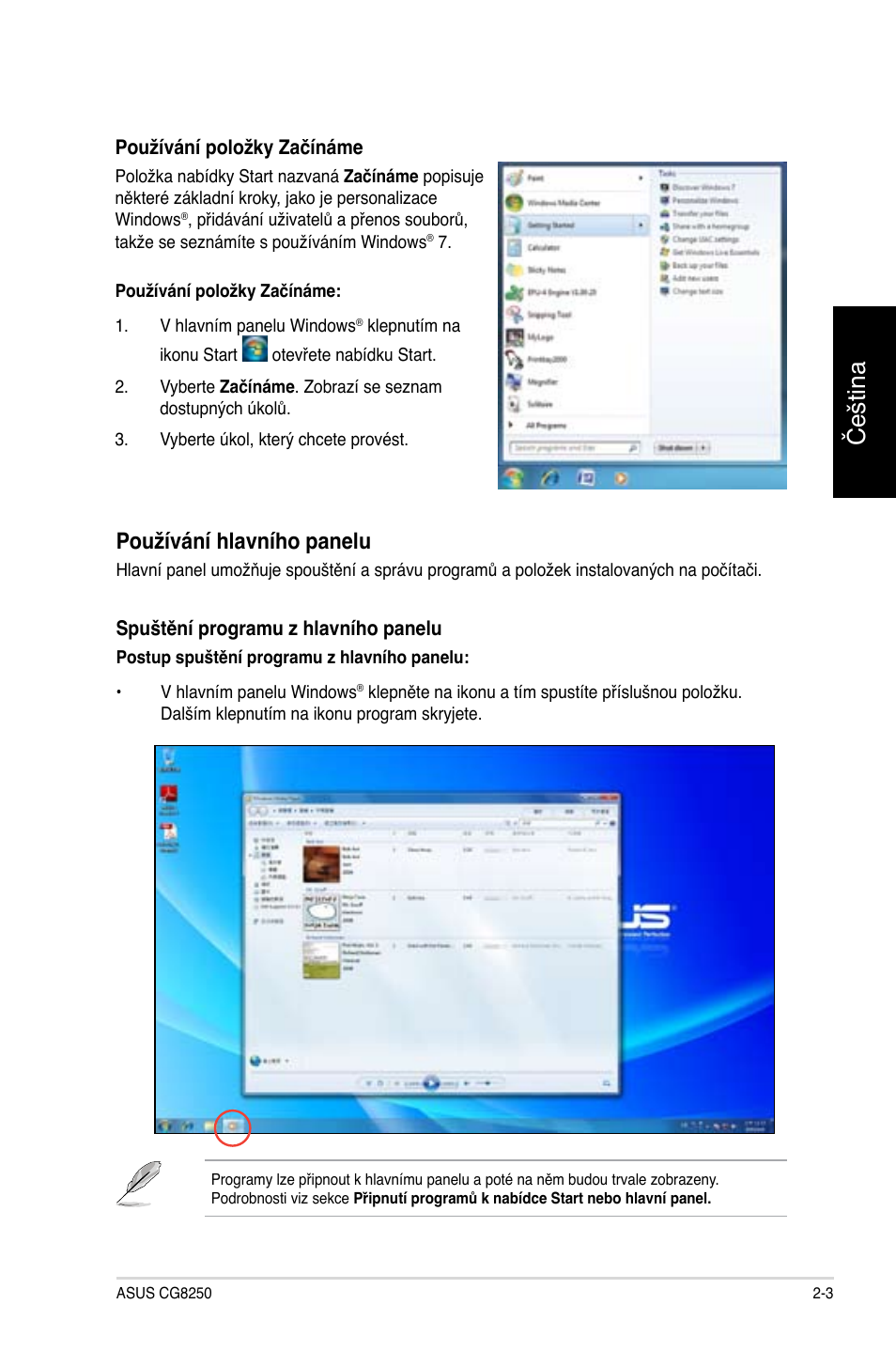 Čeština, Používání hlavního panelu | Asus CG8250 User Manual | Page 101 / 404