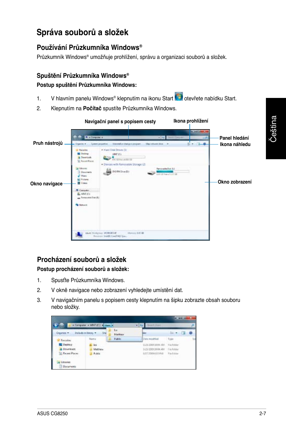 Správa souborů a složek, Čeština, Používání průzkumníka windows | Procházení souborů a složek | Asus CG8250 User Manual | Page 105 / 404