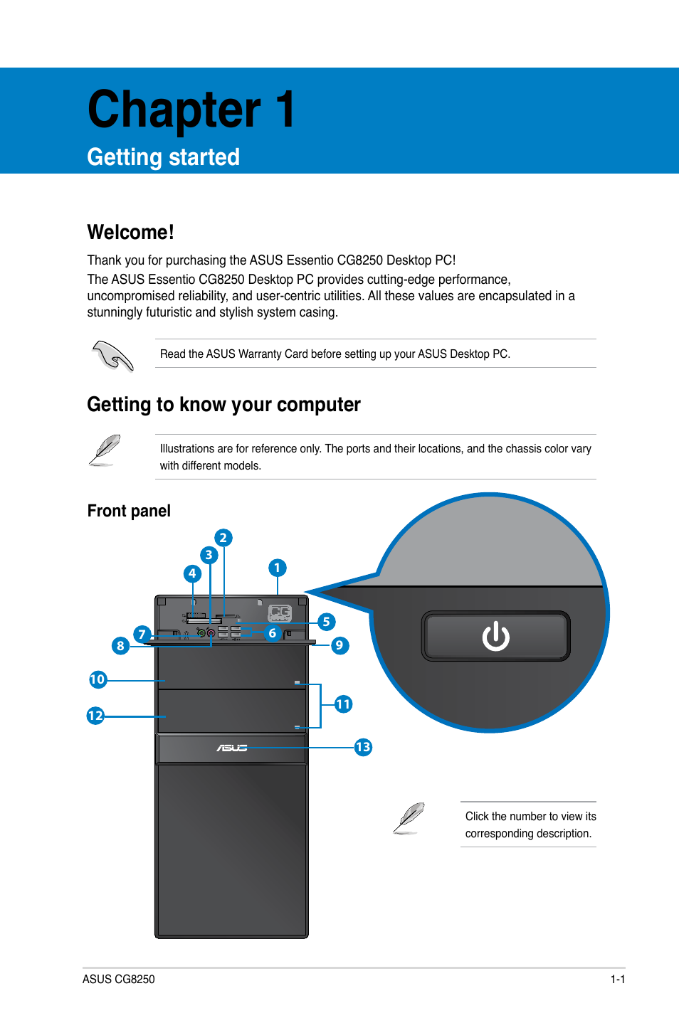 Chapter 1, Getting started, Welcome | Getting to know your computer, Welcome! -1 getting to know your computer -1 | Asus CG8250 User Manual | Page 11 / 404