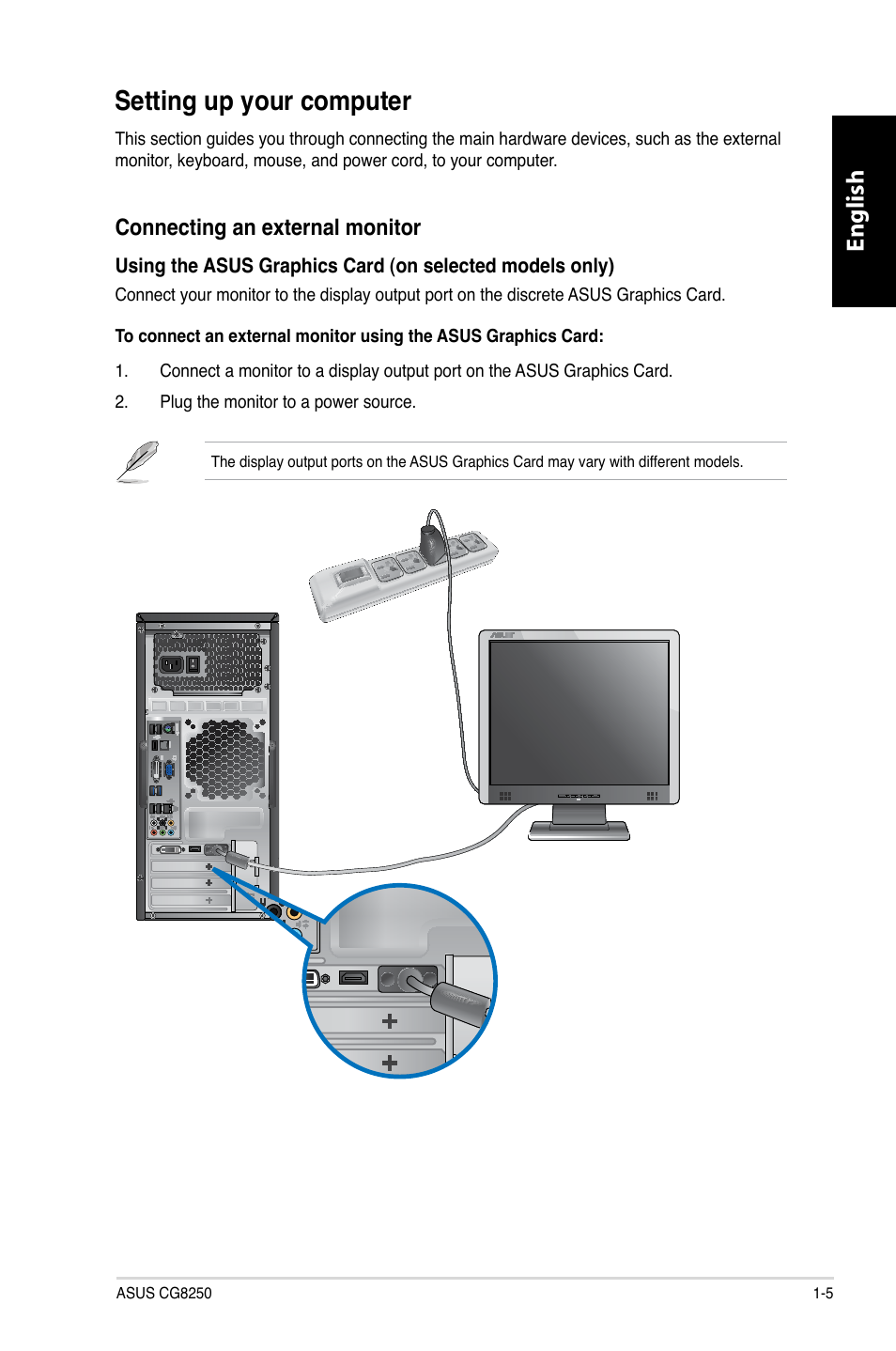 Setting up your computer, Setting up your computer -5, English | Connecting an external monitor | Asus CG8250 User Manual | Page 15 / 404