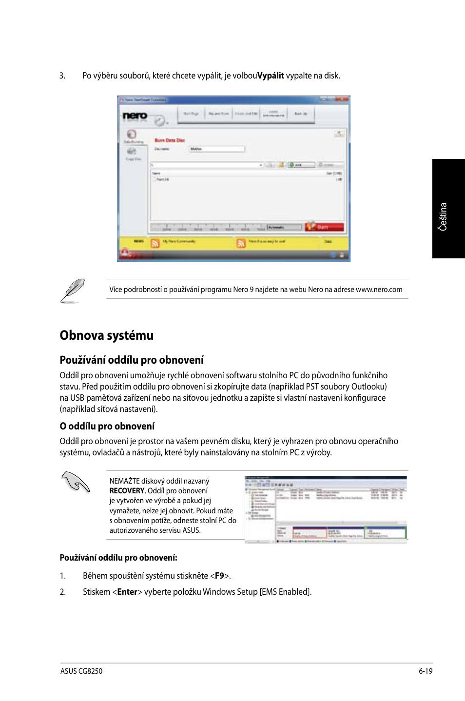 Obnova systému, Používání oddílu pro obnovení | Asus CG8250 User Manual | Page 151 / 404