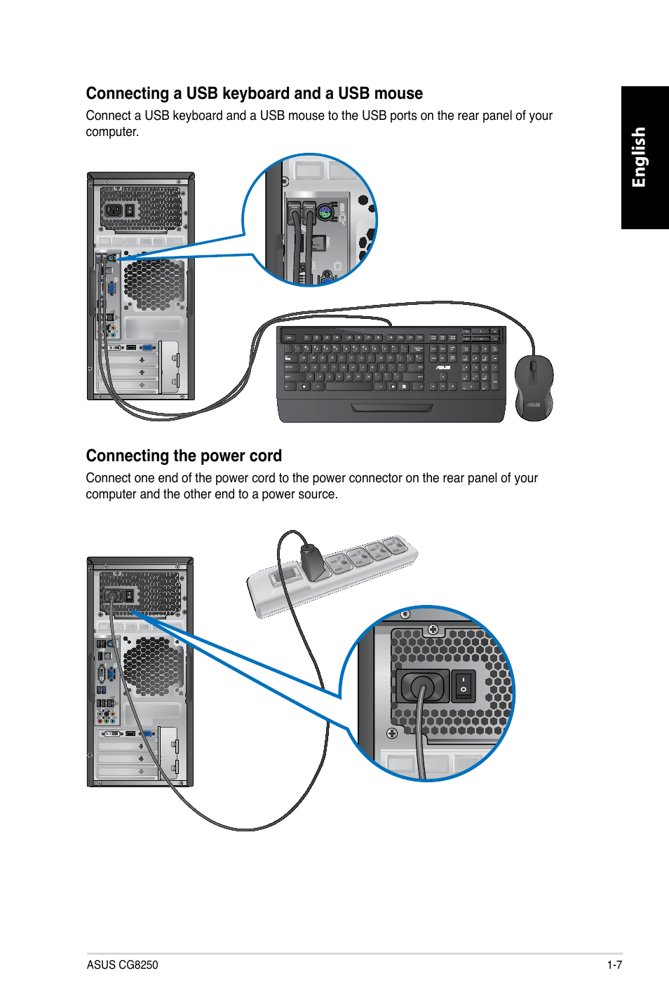 English, Connecting a usb keyboard and a usb mouse, Connecting the power cord | Asus CG8250 User Manual | Page 17 / 404