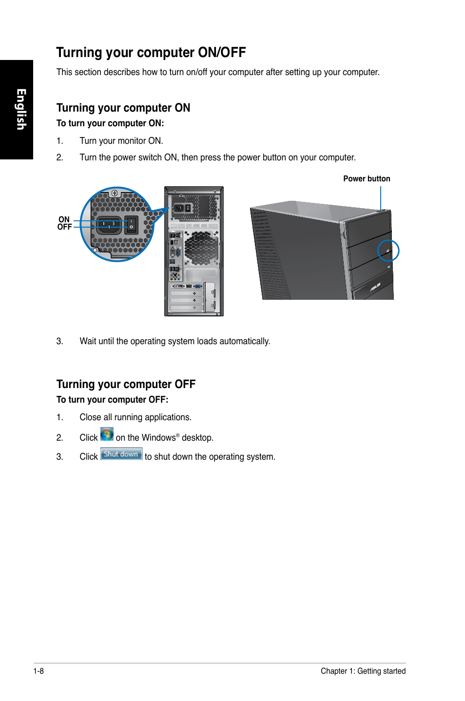 Turning your computer on/off, Turning your computer on/off -8, English | Turning your computer on, Turning your computer off | Asus CG8250 User Manual | Page 18 / 404