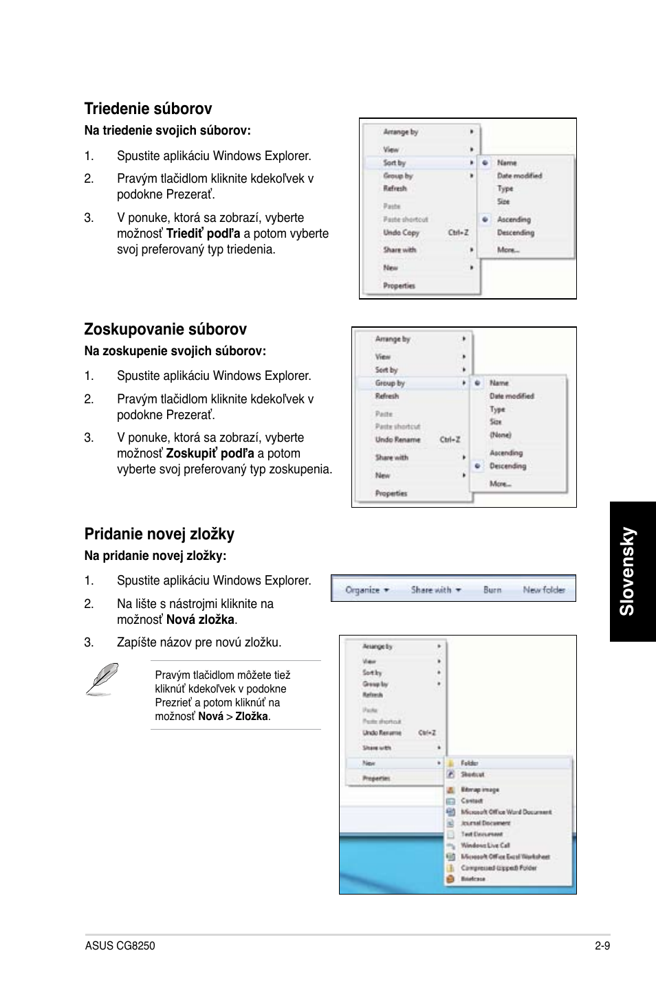 Slovensky, Triedenie súborov, Zoskupovanie súborov | Pridanie novej zložky | Asus CG8250 User Manual | Page 267 / 404