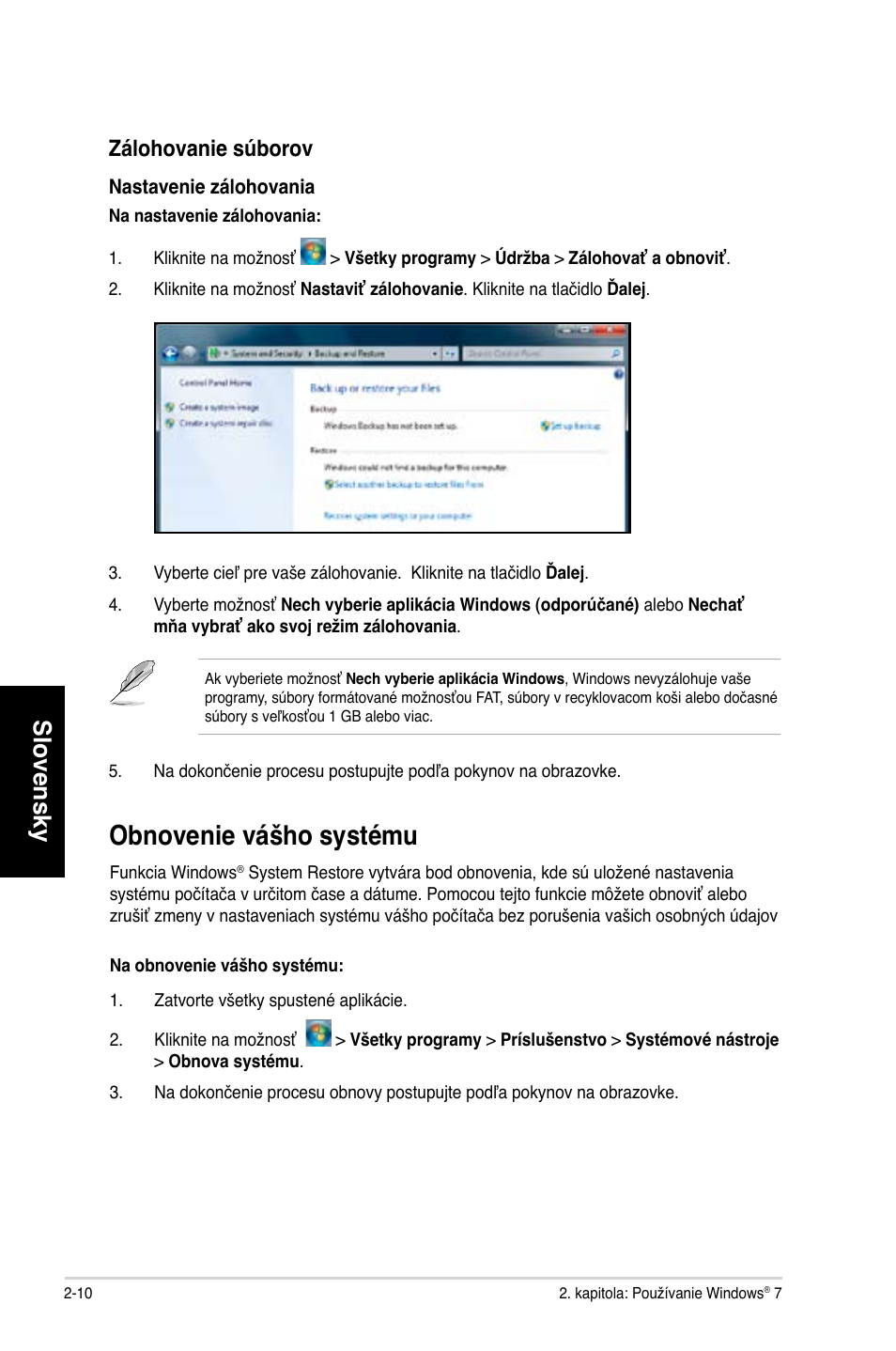 Obnovenie vášho systému, Slovensky, Zálohovanie súborov | Asus CG8250 User Manual | Page 268 / 404