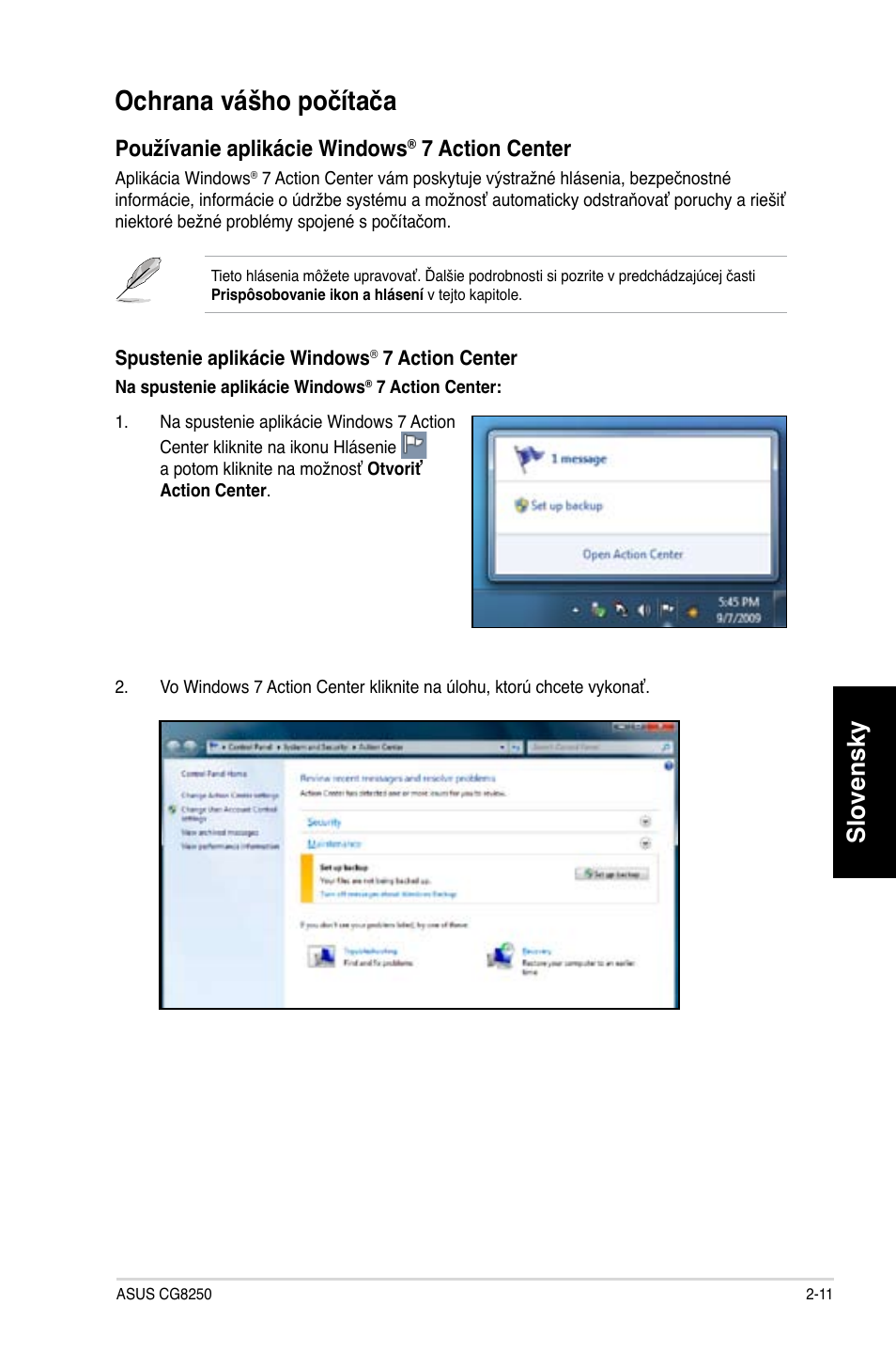 Ochrana vášho počítača, Slovensky, Používanie aplikácie windows | 7 action center | Asus CG8250 User Manual | Page 269 / 404