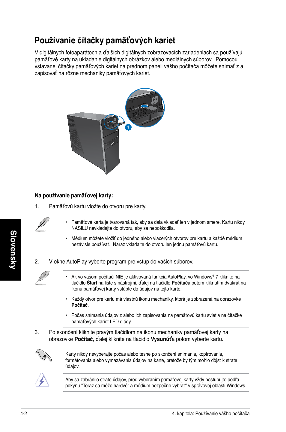 Používanie čítačky pamäťových kariet, Slovensky | Asus CG8250 User Manual | Page 284 / 404