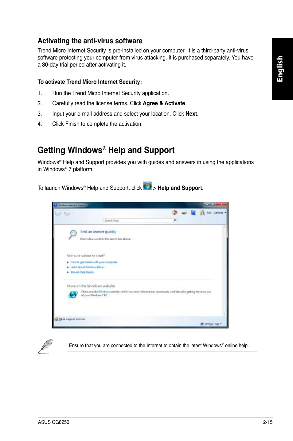 Getting windows® help and support, Getting windows, Help and support -15 | Help and support, English, Activating the anti-virus software | Asus CG8250 User Manual | Page 33 / 404