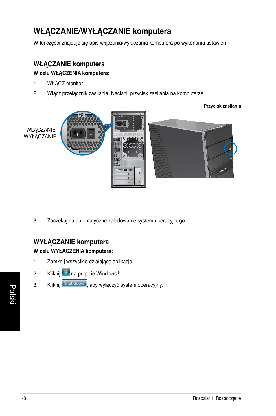 Włączanie/wyłączanie komputera, Polski, Wyłączanie komputera | Włączanie komputera | Asus CG8250 User Manual | Page 338 / 404